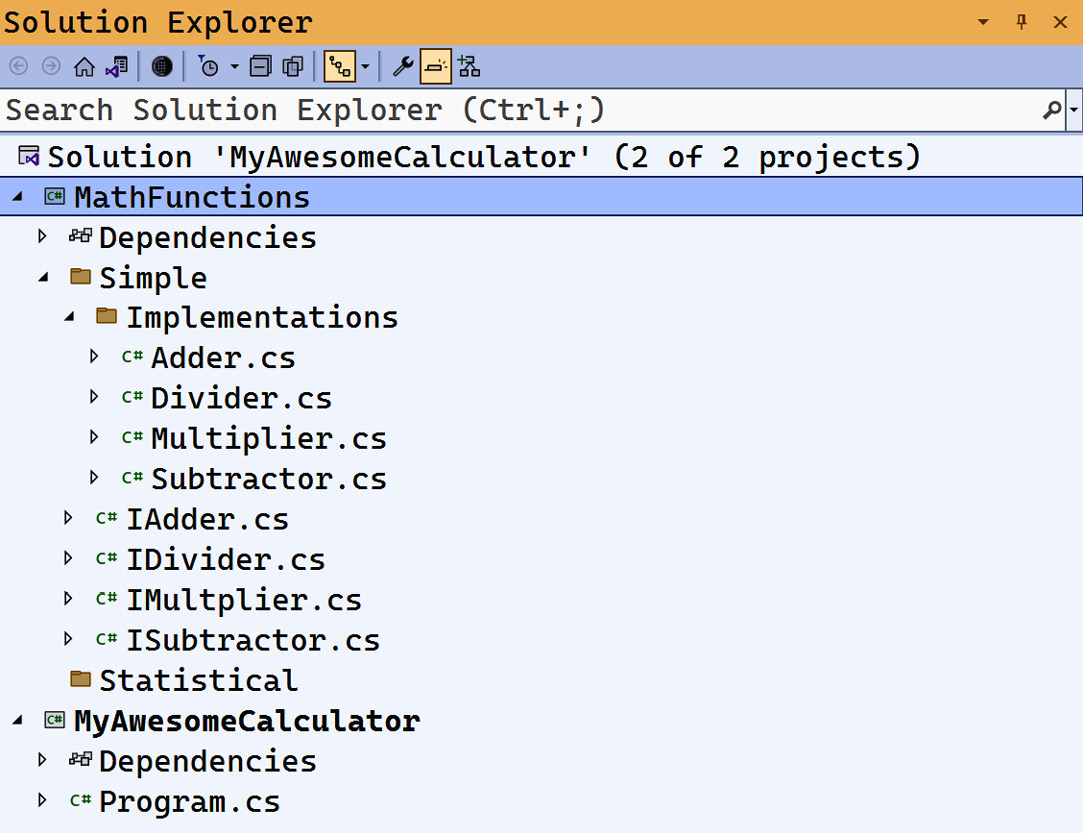 Figure ﻿﻿0.1: Solution Explorer with the Calculator project